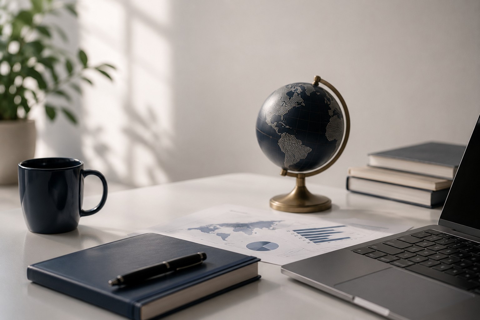 A desk with a navy globe, a laptop, a navy notebook and pen, a mug, and a printed chart